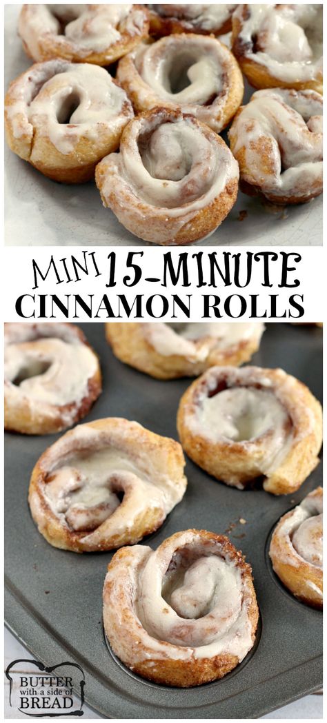 Mini 15-Minute Cinnamon Rolls - simple recipe for easy cinnamon rolls done in under 20 minutes! Butter With a Side of Bread Dessert Cinnamon Rolls, Brunch Food Ideas, Dessert Cinnamon, Bridal Brunch Food, Easy Cinnamon Rolls, Mini Cinnamon Rolls, Brunch Dessert, Brunch Desserts, Cinnamon Rolls Easy