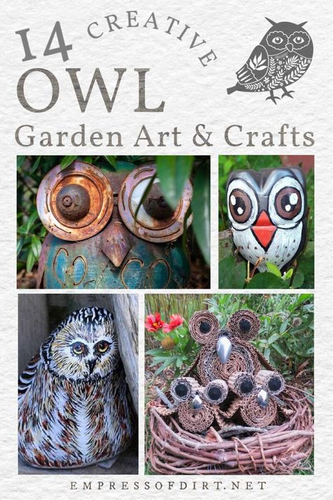 Examples of owl-inspired garden art and decor. Diy Owls Crafts, Diy Owl Decor, Owl Crafts For Adults, Diy Owl Crafts, Garden Art And Craft, Owl Garden Decor, Owl Projects, Owl Yard Art, Owl Garden Art