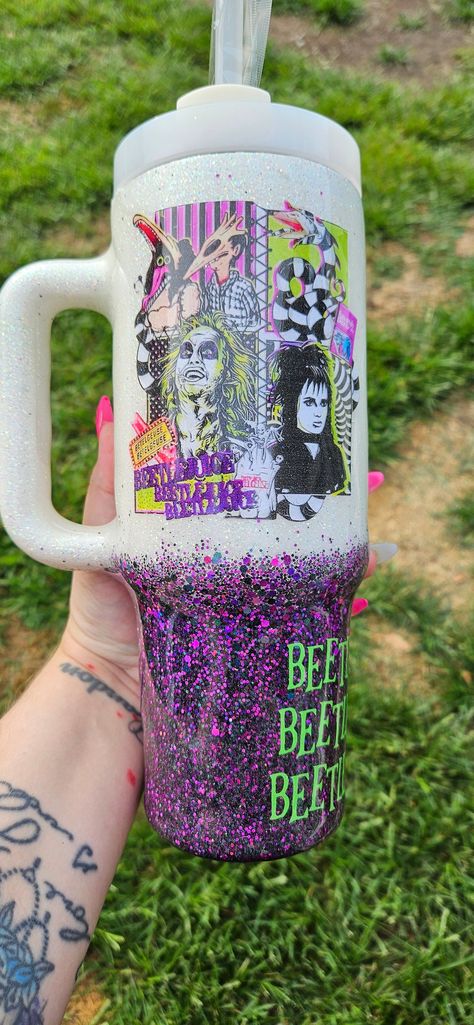 Beetlejuice Cup Ideas, Beetlejuice Tumbler Ideas, Oogie Boogie Snowglobe Tumbler, Beetlejuice Sublimation Designs, Beetlejuice Cup, Beetlejuice Tumbler Cup, Beetlejuice Tumbler, Cup Making, Halloween Cups