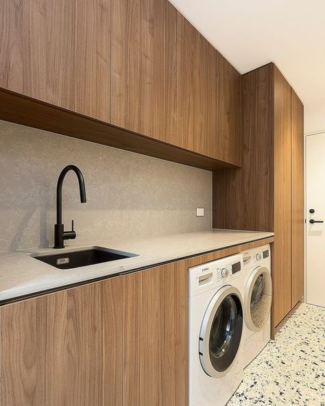 Vj Panel Laundry, White And Timber Laundry, Timber Veneer Kitchen, Laundry In Kitchen Ideas Hidden, Walnut Laundry Room, Laundry In Kitchen Ideas, Laundry Joinery, Timber Laundry, Laundry In Kitchen