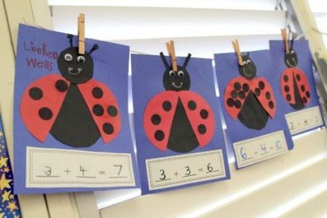 Lady bug craft ideas for kids, kindergarten, preschoolers, and adults. Ladybug crafts using paper plates, egg cartons, bottle caps, rocks. Fun, easy craft activities for kids, making ladybug insects. Addition Kindergarten, Spring Kindergarten, Ladybug Crafts, Math Crafts, Bug Crafts, Ladybug Art, Kindergarten Fun, Kindergarten Math Activities, Math Addition