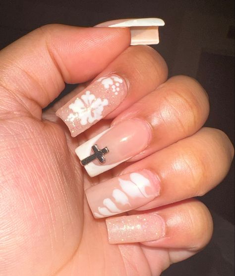 medium length white summer nails. french tip, cross charm, hibiscus. White French Tips With Hibiscus, French Tips With Hibiscus Flowers, White French Tip Hibiscus Nails, French Tips With Hibiscus, Blue French Tips Hibiscus, Summer Nails French Tip, Summer Nails French, White Summer Nails, Nails French Tip