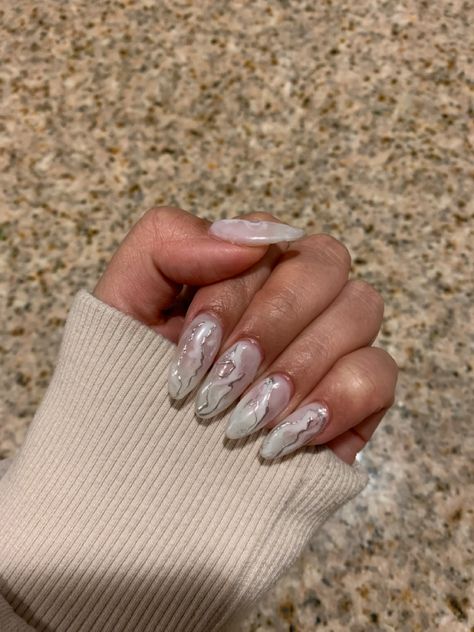 White And Silver Marble Nails, Silver Marble Nails, Marble Acrylic Nails, White French Tip, White French, Marble Nails, Silver Nails, White Nails, Short Nails