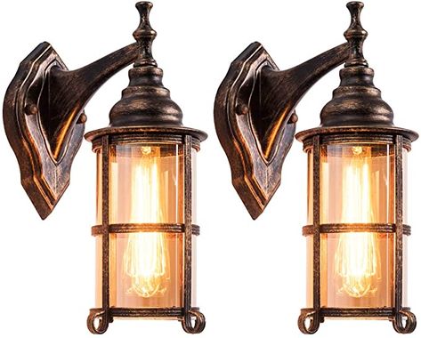 Amazon.com: Rustic Outdoor Wall Light, Golden Bronze Exterior Wall Sconces Fixture with Amber Glass Shade, Industrial Lantern Porch Lighting Waterproof Retro Farmhouse Lamp for Indoor Bedroom Living Room Pack-2: Home Improvement Oil Rubbed Bronze Lighting, Porch Light Fixtures, Farmhouse Lamps, Rustic Exterior, Retro Farmhouse, Exterior Light Fixtures, Rustic Porch, Porch Light, Wall Lanterns