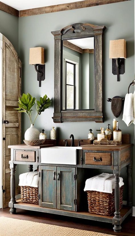 Lodge Style Bathroom Ideas, Bathroom Vanity Ideas Farmhouse, Bathroom Farmhouse Sink, Cozy Farmhouse Bathroom, Farmhouse Bathroom Vanity Ideas, French Cottage Bathroom, Modern Farmhouse Bathroom Ideas, Distressed Bathroom Vanity, Mountain House Decor