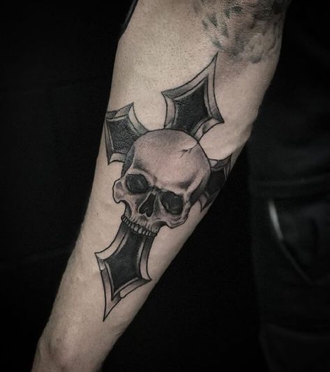 Cross And Skull Tattoo For Men, Cross With Skull Tattoo, Cross Skull Tattoo, Simple Skull Tattoo Design For Men, Cross And Skull Tattoo, Gothic Tattoos Men, Hell Tattoo Ideas, Skull Tattoos Men, Dark Skull Tattoo