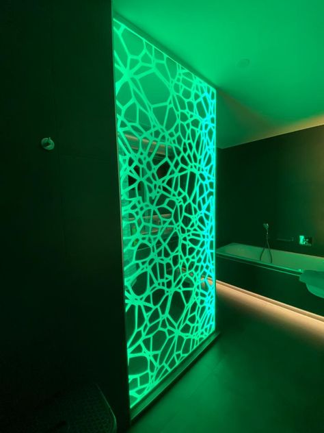 Sandblasted Glass, Rgb Led Lights, Landscape Features, Glass Panel, Accent Walls, Commercial Design, Floor Design, Shower Wall, Interior Ideas