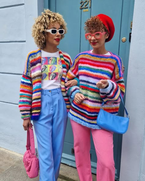 Colourful knitwear getting us through the whiplash that this British "summer" is giving us 😅🌈 #dopaminedressing #colourmeupmonday #curlygirls #sisters #sustainablefashion #handmade #colourfulfashion #colorfulwardrobe #knitwear #springstyle #springoutfit Colourful Street Style, Panto Costumes, Knitted Street Style, Colourful Knitwear, Colorful Winter Fashion, Child Reference, Toothpaste Kisses, Teaching Wardrobe, Colorful Street Style