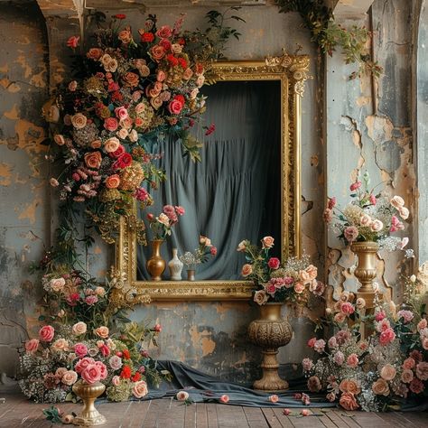 "Where time pauses, and beauty unfurls in every corner—welcome to the eternal bloom of an abandoned ballroom. 🥀🖤 #vintagecharm #abandonedbeauty #floralarrangement #roses #forgottenplaces #beautyindecay #floralart #elegantdecay #decayingbeauty #abandonedspaces #flowerstyling #lostplacesphotography #rosesareforever #antiqueaesthetic #floweroverload #nostalgicmoments #timelessbeauty #oldworldcharm #romanticdecay #floraldecor #moodyflorals #forgottenelegance #petalpoetry #rusticbeauty #decadentde... Abandoned Ballroom, Flower Photo Wall, Enchanted Garden Wedding, Wedding Backdrop Design, Flower Installation, Backdrop Design, April 21, Beautiful Flowers Pictures, Church Decor