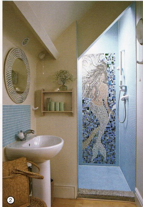 This is awesome!  I love mermaids and this is a unique and one-of-a-kind custom mermaid mosaic tile Mermaid Tile Bathroom, Mermaid Tile, Coastal Bathroom Design, Mermaid Bathroom Decor, Mermaid Bathroom, Coastal Bathroom, Beach Bathroom, Coastal Theme, Wallpaper Bathroom