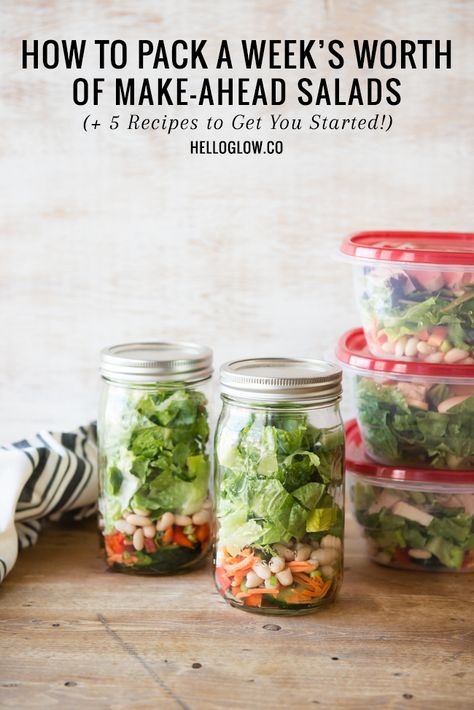 How to Pack a Week's Worth of Make-Ahead Salads | HelloGlow.co Mason Jar Lunch, Salad Jar Recipe, Salad Inspiration, Make Ahead Salads, Salad For Lunch, Hello Glow, Mason Jar Salad, Mason Jar Meals, Make Ahead Lunches