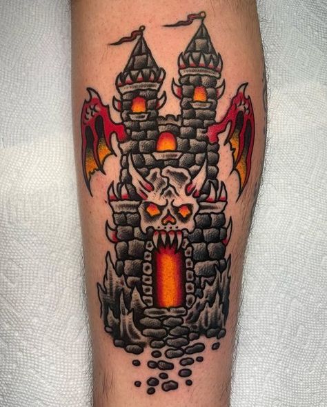 Trad Castle Tattoo, Head On Fire Tattoo, Castle On Fire Tattoo, Skull Castle Tattoo, Burning Castle Tattoo, Draw On Tattoos, Traditional Fire Tattoo, Burning Skull Tattoo, Traditional Castle Tattoo