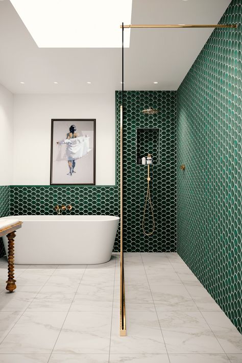 modern Bathroom on Behance Bathroom Wall Coverings, Green Tile Bathroom, Ideas Baños, Modern Bathroom Interior, Deco Bathroom, Bathroom Redesign, Bathroom Design Decor, Bathroom Inspiration Decor, Dream Bathrooms