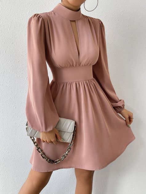 Long Sleeve Satin Dress, Lantern Sleeve Dress, Rose Bonbon, Mini Robes, Dress For Short Women, Lantern Sleeve, Long Sleeve Shirt Dress, Lantern Sleeves, Waist Dress