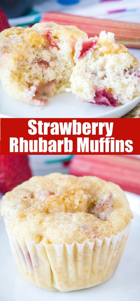 Strawberry Rhubarb Muffins - light and tender muffins loaded with chunks of fresh strawberries and rhubarb. The crunchy brown sugar topping makes them something extra special. Strawberry Rhubarb Muffins, Strawberry Rhubarb Recipes, Desserts Strawberry, Rhubarb Bread, Rhubarb Muffins, Rhubarb Desserts, Strawberry Muffins, Cream Cheese Muffins, Homemade Muffins