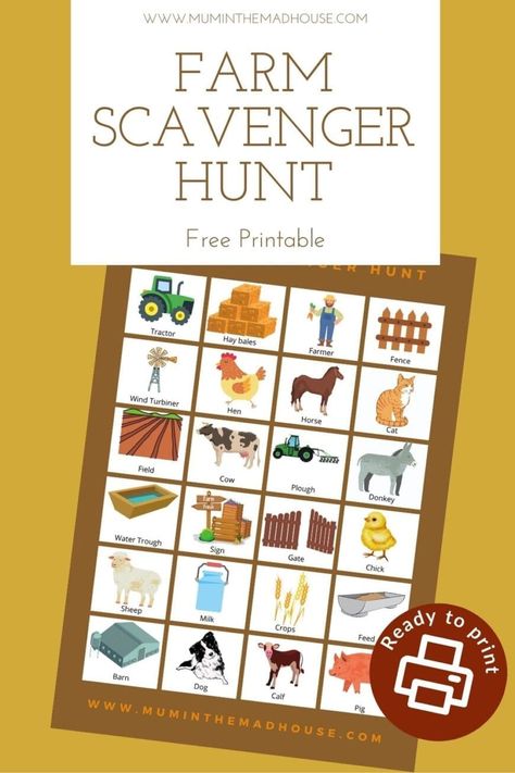 Explore the farm with a printable Farm Scavenger Hunt for kids. Children will look for animals, tractors, & more with this fun farm activity. Farm Scavenger Hunt For Kids, Farm Scavenger Hunt, Scavenger Hunt Printable, Farm Books, Gate Signs, Farm Activities, Scavenger Hunt For Kids, Scavenger Hunts, Cooking With Kids