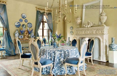 Interior designer Michelle Nussbaumer created a grand interior where children and comfort are considered. Description from missjiatv1.blogspot.com. I searched for this on bing.com/images Blue And White Decor, Mediterranean Style Home, Blue Porcelain, Table Cloths, The Dining Room, Blue Rooms, Best Dining, Shabby Vintage, Elegant Dining