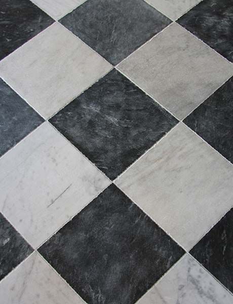 white and black checkered limestone floor - Google Search Black And White Marble Bathroom, Checkered Tile, French Limestone Floor, Exquisite Surfaces, Marble Bathroom Floor, Checkered Floor, White Marble Bathrooms, Porch Tile, Checkerboard Floor