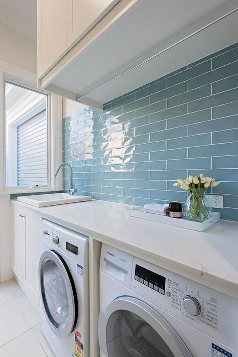 Laundry Room Backsplash Ideas, Laundry Room Backsplash, Laundry Room Tile, Laundry Makeover, Laundry Room Storage Shelves, White Laundry Rooms, Basement Laundry Room, White Laundry, Laundry Design