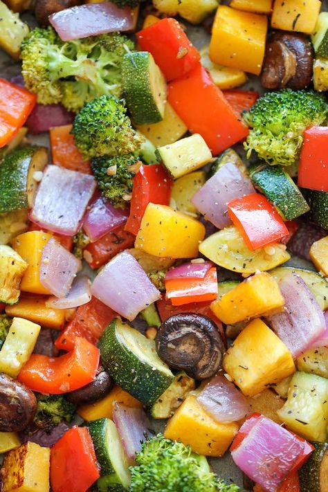 Roasted Vegetables Roast Vegetables, Squash Zucchini, Easy Vegetable Side Dishes, Roasted Vegetable Recipes, Dried Thyme, Cremini Mushrooms, Vegetable Side, Yellow Squash, Veggie Side Dishes