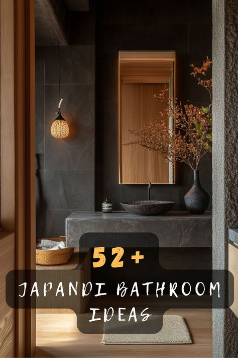 Achieve a calm atmosphere with 52 minimalist Japandi bathroom designs. Featuring uncluttered spaces, organic textures, and neutral palettes, these bathrooms promote relaxation. Discover the art of simplicity and harmony. Click to explore these minimalist designs! 🛁🌿 #MinimalistJapandi #CalmAtmosphere #UnclutteredSpaces #OrganicTextures #NeutralPalettes Aman Hotel Bathroom, Organic Modern Bathroom Black, Bathroom Design Black And Wood, Room And Board Bathroom, Japandi Powder Room, Asian Inspired Bathroom, Modern Simple Bathroom, Japandi Black, Dark Japandi