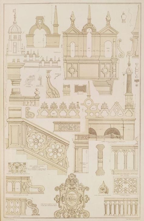 Architectural Remains of the Reigns of Elizabeth and James I', C.J. Richardson (1840) Elizabethan architecture indulged in geometrical ornament. However, it is often quite difficult to appreciate this. Houses like Burghley and Hardwick, or the Triangular Lodge, Rushton, have masses of fine decoration at roof level, creating spiky profiles. Rarely do we have the opportunity to inspect this: unlike Elizabethan courtiers, we don’t promenade on the roofs. Tudor Architecture, Architecture Classic, Budget Design, Tudor History, Vernacular Architecture, Tudor House, Architectural Sketch, Principles Of Design, Tudor Style