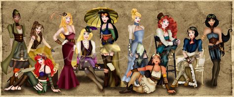 Steampunk Disney Princesses 2.0 by HelleeTitch on DeviantArt Steampunk Disney Princesses, Disney Princess Lineup, Steampunk Disney, Punk Disney Princesses, Alternative Disney, Punk Disney, Images Disney, Twisted Disney, Disney Favorites