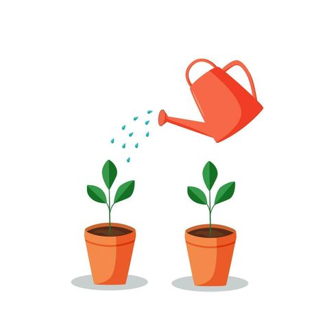 A watering can waters a potted plant. Vector illustration of watering seedlings, home flowers. Watering Plants Illustration, Watering Illustration, Watering Can Illustration, Watering Can Clipart, Watering Seedlings, Plants Grown In Water, Plant Watering Can, Plant Games, Water Illustration