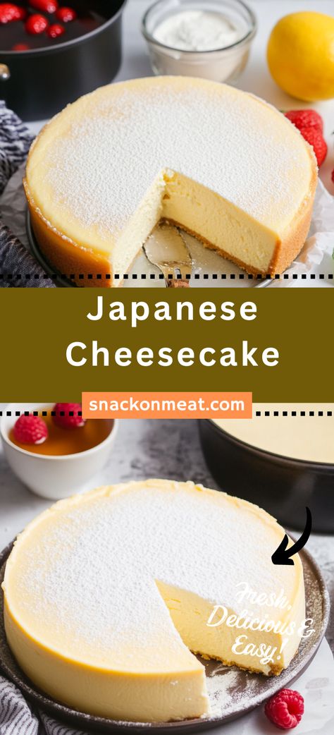 Japanese Cheesecake - Snack On Meat Cheesecake Recipes Fluffy, Japanese Dessert Recipes Easy, Easy Japanese Recipes Desserts, Chinese Cheesecake, Japanese Cheescake, Japanese Fluffy Cheesecake, Fluffy Cheesecake Recipe, Japanese Cheesecake Recipe, Jiggly Cheesecake