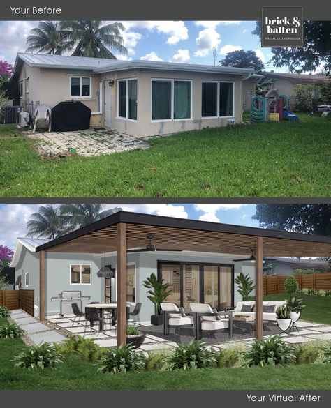 Home Remodeling Outside, Small Brick Ranch Exterior Makeover, Back Deck Ranch Style Home, Old Brick House Exterior Makeover Ranch, Renovated Backyard, Front Yard Lounge Area, Ranch Style Homes Exterior Before And After Old Houses, Basic Ranch Exterior Makeover, Yard Before And After