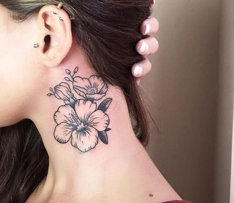 Flowers tattoo by Jefree Naderali Side Of Neck Flower Tattoo, Neck Flower Tattoos Women, Hawaiian Neck Tattoo, Flower Tattoo Neck, Neck Flower Tattoo, Tattoo Neck Men, Hibiscus Tattoos, Traditional Flower Tattoo, Flower Neck Tattoo