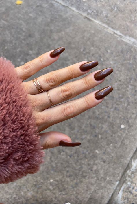 Fall nails. Brown nails that are coffin shaped.  Thanksgiving nail decor Coffin Shape Brown Nails, Cute Fall Coffin Nails, Coffin Shaped Fall Nails, Coffin Shape Nails Fall, Ballerina Fall Nails, Brown Nails Ballerina, Brown Ballerina Nails, Fall Ballerina Nails, Fall Nails Coffin Shape