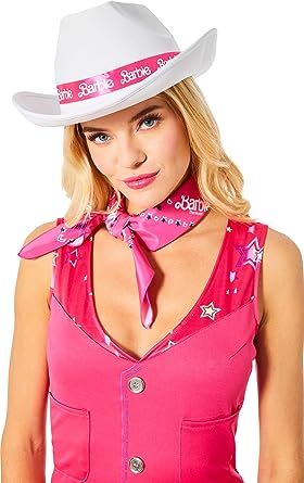 This adult barbie costume  will be sheer perfection with this white hat! You'll look like a real-life cowgirl Barbie or cowboy Ken when you add this hat to your ensemble. The Barbie adult cowboy or cowgirl hat comes with a black Ken bow and a pink Barbie bow so you can personalize your costume. Barbie And Ken Cowboy, Ken Cowboy, Cowgirl Barbie, Pink Cowgirl Boots, Cowgirl Style Outfits, Cowgirl Accessories, Cowboy Costume, Barbie Logo, Barbie Costume