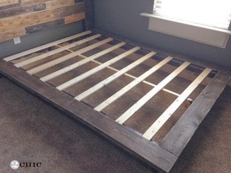 slats-added Diy Bed Frame Easy, Platform Bed Plans, Headboard Plan, Simple Bed Frame, Diy Platform Bed, Murphy Bed Plans, Shanty 2 Chic, Pallet Bed, Floating Bed