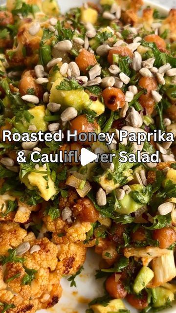 Caitlin Latessa-Greene on Instagram: "ROASTED HONEY-PAPRIKA CAULIFLOWER & CHICKPEA SALAD! One of my oldies but faves—so easy and tasty and would be perfect for Easter. Lots of flavor—Fresh and delish!!
•
•
•
One medium head cauliflower, cut into florets
1 can chickpeas, skins removed (optional but I find they roast better when removed)
2.5 tbsp honey, divided (use agave for vegan)
3  tbsp olive oil, divided 
¾ tbsp paprika
¾ tsp salt 
1 tsp garlic powder 
1 avocado, chopped 
½ cup chopped parsley 
⅓ cup red onion, minced
Juice of ½ lime
¼ cup Sunflower seeds
•
•
1️⃣ Preheat the oven to 420. 2️⃣ Add the cauliflower and chickpeas to a bowl, toss with 2 tbsp olive oil, 1.5 tbsp honey, paprika, garlic powder and salt. Toss to combine. 3️⃣ Spread the mixture onto a sheet pan, roast for 30-35 mi Roasted Honey Paprika Cauliflower, Paprika Cauliflower, Cauliflower Chickpea Salad, Cauliflower And Chickpeas, Cauliflower Chickpea, Pan Roast, Roasted Cauliflower Salad, Vegeterian Recipes, Cauliflower Salad