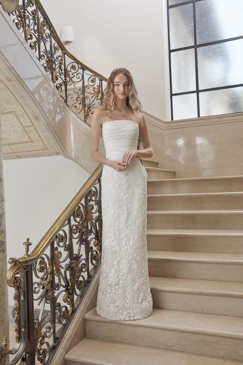 Sareh Nouri - Willow | Sareh Nouri Lace Column Wedding Dress, Straight Neckline Wedding Dress, Floor Length White Dress, Sareh Nouri Wedding Dress, Sareh Nouri Bridal, Straight Wedding Dresses, Holiday Shoot, Embroidered Wedding Gown, Pink Fabrics