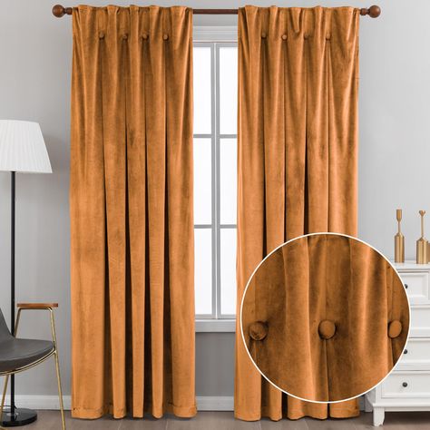 PRICES MAY VARY. PACKAGE INCLUDES: 2 pieces of velvet panels, each 52 inches wide and 63 inches long. Back tabs and rod pockets for curtain rods up to 3 inches, fits most standard rods, very easy to install. BUTTON TOP DESIGN: The top of the curtains are made with a button design. 4 pleats on the front which is elegant and beautiful whether you make the pleats or pull them flat. But also as a result, the top width of the curtains will be reduced to 42 inches and the bottom width will remain 52 i Yellow Velvet Curtains, Room Darkening Window Treatments, Living Room Luxury, Luxury Room, Curtains For Bedroom, Insulated Curtains, Drape Panel, Darkening Curtains, Luxury Rooms