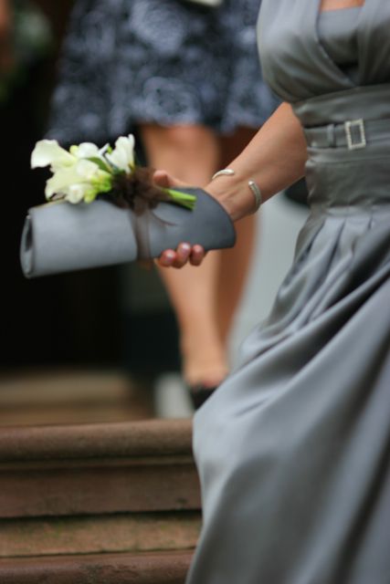 love this.  brides are really moving away from corsages on wrists and pinned-on to dresses.  thank god. Hydrangea Corsage, Mother Of The Bride Flowers, Peony And Hydrangea, Flowers At Wedding, Hydrangea Bouquets, Blue Hydrangea Bouquet, Bridesmaid Purses, Grey Bridesmaids, Peonies And Hydrangeas