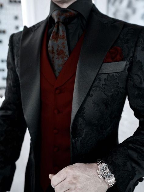 Gothic Suit, Outfits Quotes, Black And Red Suit, Gothic Wedding Theme, Vampire Wedding, Fancy Suit, Dark Wedding, Dress Suits For Men, Prom Suits