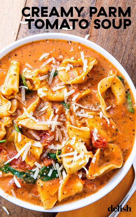 Parm Tomato Soup, Blender Soups, Creamy Tortellini Soup, Tomato Soup Recipes, Tortellini Soup, Think Food, Soup And Sandwich, Tomato Soup, Delicious Soup