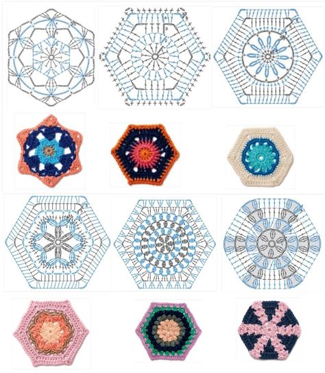 Hexagon Crochet Motif, Hexagon Crochet Pattern, Crochet Shawl Diagram, Granny Pattern, Crochet Symbols, Crochet Mandala Pattern, Crochet Hexagon, Crochet Square Patterns, Crochet Mandala