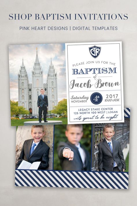 Announce your son's baptism day with a custom LDS baptism invitation! Easily add your son's baptism pictures and all the important event details to this fully customizable invitation template. Personalize the invitation easily online without any software needed. Order now and make sure your loved ones have all the important details of your son's special LDS baptism day! #LDSBaptism #BaptismInvite #LDSGifts #Baptism #LDSBaptismInvite #BaptismInvitations #LDSChurch #LDSBaptismBoy Lds Baptism Invitation, Baptism Pictures, Lds Gifts, Lds Baptism, Baptism Decorations, Baptism Invitation, Heart Designs, Lds Church, Boy Baptism