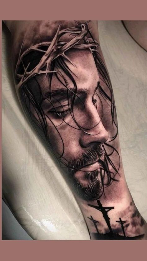 Jesus Forearm Tattoo, Jesus Tattoo Sleeve, Religous Tattoo, Christus Tattoo, Religion Tattoos, Jesus Christ Tattoo, Jesus Tattoo Design, Backpiece Tattoo, Heaven Tattoos