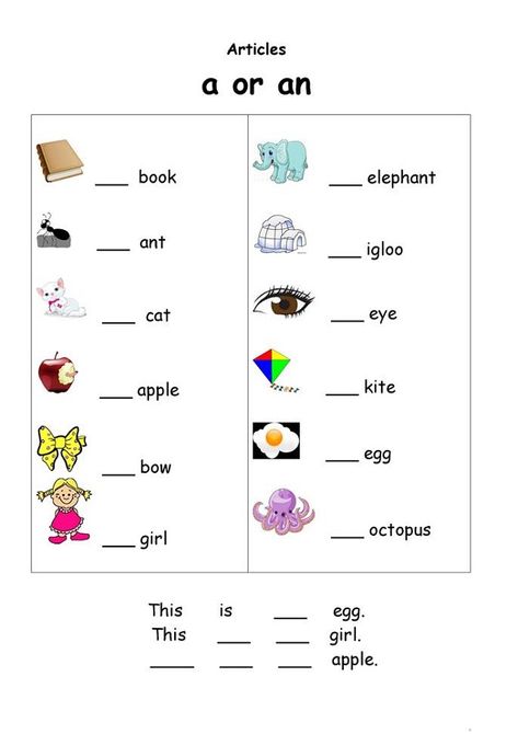 A and An Worksheets Free Printable for Beginner | Learning Printable Indefinite Articles, Articles Worksheet, Ingles Kids, Aktiviti Prasekolah, English Grammar For Kids, English Worksheets For Kindergarten, Grammar For Kids, Nouns Worksheet, Teaching English Grammar