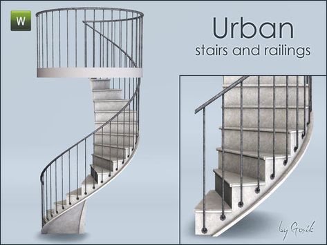 Gosik's Urban spiral stairs and railings The Sims 4 Mod, Industrial Staircase, Circular Stairs, Staircase Railing, Cc Furniture, Sims 4 Clutter, Sims 4 House Building, Sims Ideas, Sims 4 Teen