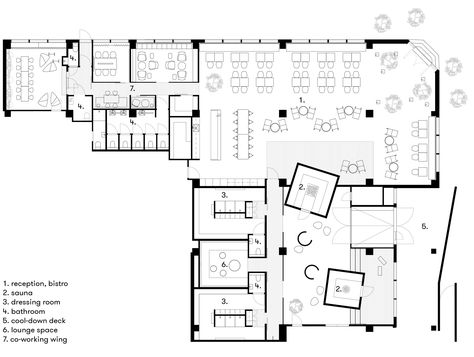 Studio Puisto create "neighborhood sauna" in a former industrial building Small Spa Floor Plan, Spa Plan Design, Sauna Floor Plan, Tampere Finland, Communal Living, Small Spa, Landscape Architecture Drawing, Office Plan, Hotel Plan