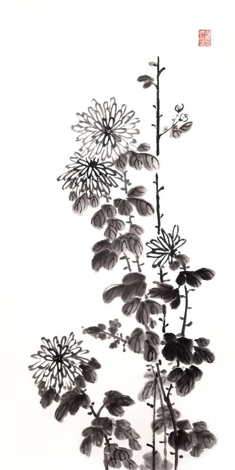 Original Art Ink Painting, measuring: 34.5W x 69H x 0.1D cm, by: Ilana Shechter (Israel). Styles: Minimalism, Modern, Impressionism, Fine Art, Figurative. Subject: Floral. Keywords: Chinese Calligraphy, Gentle Flower, Ink Painting, Elegance, Abstract Landscape, Relax, Chinese Red Seal, Silence, Sumie, Ink Drawing, Minimalist Landscape, Sumi E. This Ink Painting is one of a kind and once sold will no longer be available to purchase. Buy art at Saatchi Art. Ink Japanese Art, Chinese Painting Easy, Chinese Ink Art, Japanese Garden Plants, Chinese Painting Flowers, Chrysanthemum Plant, Chinese Ink Painting, Chinese Palace, Drawing Minimalist