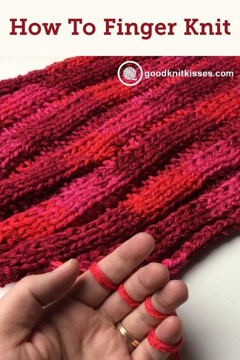 How to finger knit a blanket in panels and join them together.  Free video tutorial.  http://www.goodknitkisses.com/finger-knit-a-blanket/ #knit #knitting #fingerknit How To Finger Knit, Finger Knitting Blankets, Knit A Blanket, Diy Finger Knitting, Finger Knitting Projects, Finger Knit, Easy Yarn Crafts, Kids Knitting, Finger Crochet