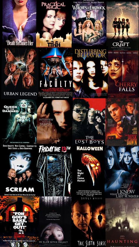 Pre-2000s october movie marathon #horrormovies #halloween #halloweenmovies #moviemarathon #90saesthetic #80saesthetic #70saesthetic Horror Marathon, October Movie, October Movies, 2000s Horror, 70’s Aesthetic, Queen Of The Damned, 90’s Aesthetic, Susan Sarandon, Movie Poster Wall