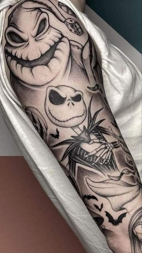 Nbc Tattoo, Tattoo Tim Burton, Skellington Tattoo, Corpse Bride Tattoo, Jack Skellington Tattoo, Halloween Tattoos Sleeve, Unique Half Sleeve Tattoos, Tim Burton Tattoo, Jack Tattoo